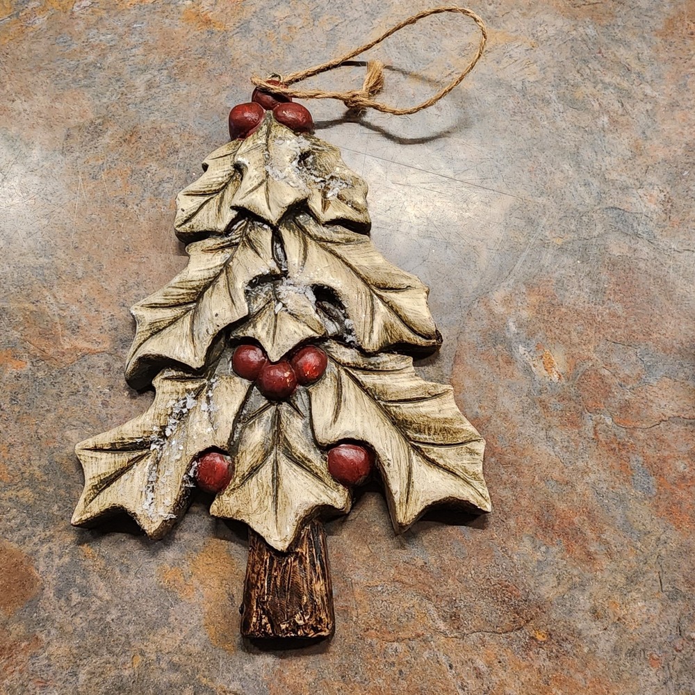 Vintage Regency Wooden Holly Tree Christmas Ornament 7"x4"